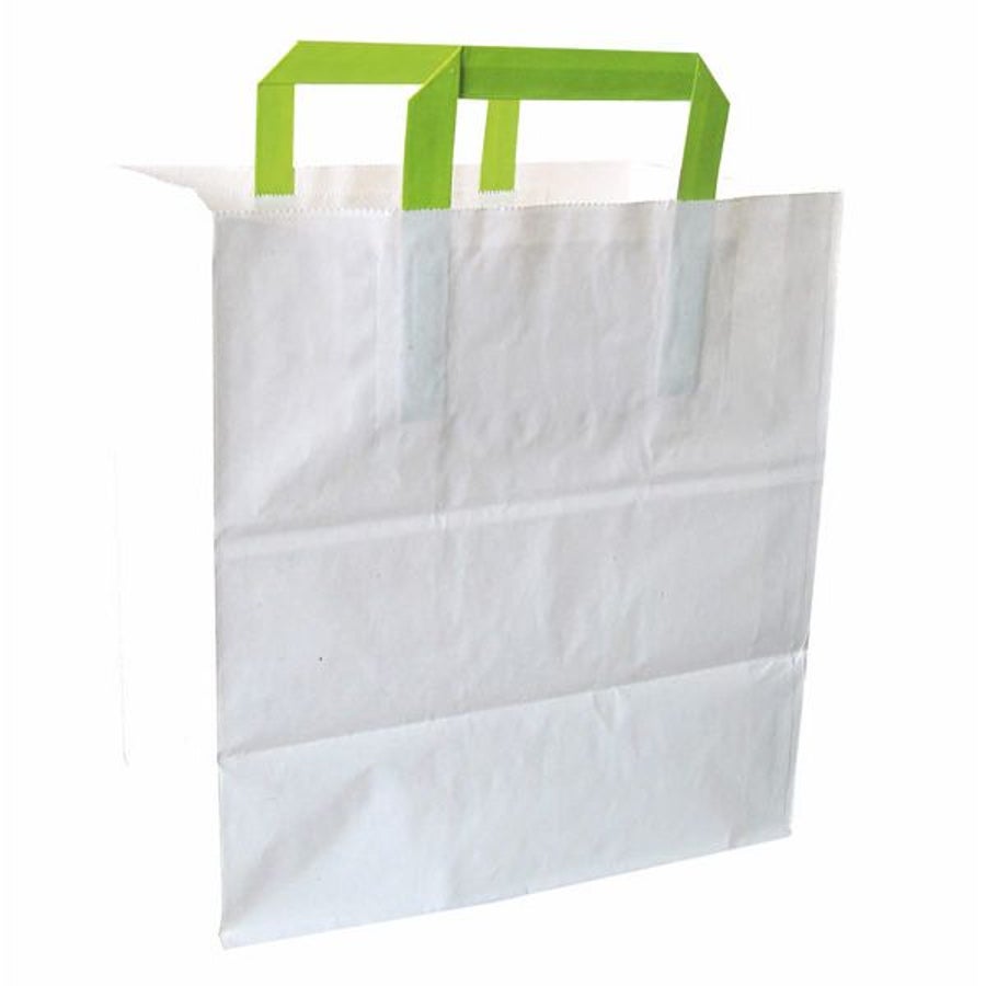 Bags, 6.6 x 10.3 x 11 Inch, Paper, White, with Green Handles 1 - 250 COUNT 180567