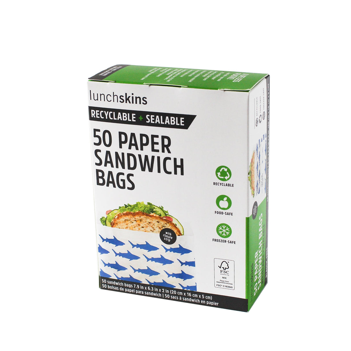 Bag, Sandwich, 7.9 x 6.3 x 2 Inch, Paper, Blue Shark Print, Sealable 12 - 50 COUNT 461275