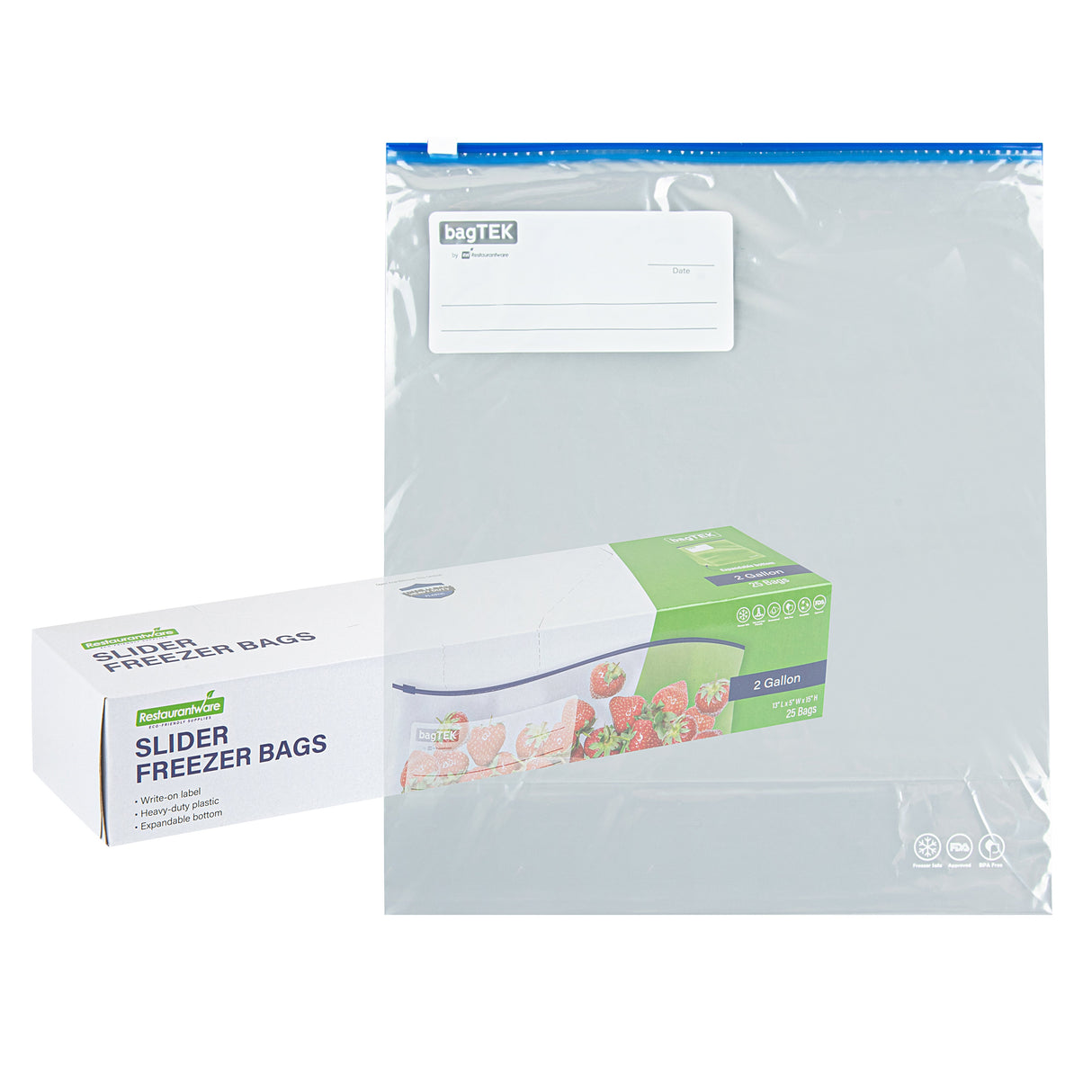 Bags, Freezer, Bag Tek 2 Gallon, Plastic, Clear, Slider, 13 x 5 x 15 Inch, with Write-On Label, Expandable Bottom 25 - 1 EACH 472397