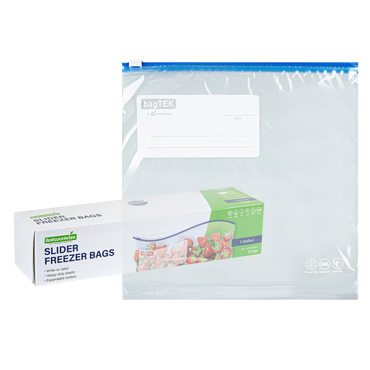 Bags, Freezer, Bag Tek 1 Gallon, Plastic, Clear, Slider, 9.5 x 3 x 10.5 Inch, with Write-On Label, Expandable Bottom 25 - 1 EACH 472396