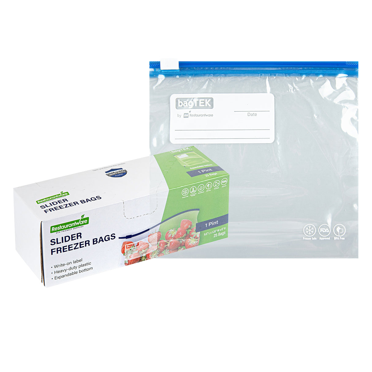 Bags, Freezer, Bag Tek 1 Pint, Plastic, Clear, Slider, 6.5 x 1.25 x 6 Inch, with Write-On Label, Expandable Bottom 25 - 1 EACH 472398