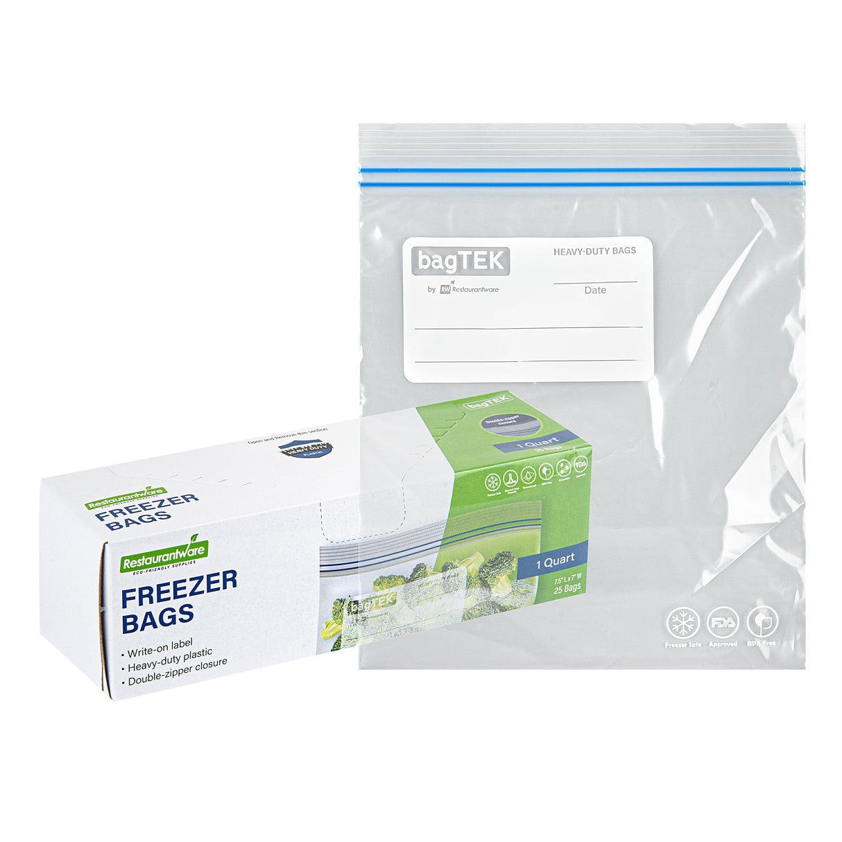 Bags, Freezer, Bag Tek 1 Quart, Plastic, Clear, Double Zipper, 7.5 x 7 Inch, with Write-On Label 25 - 1 EACH 472495