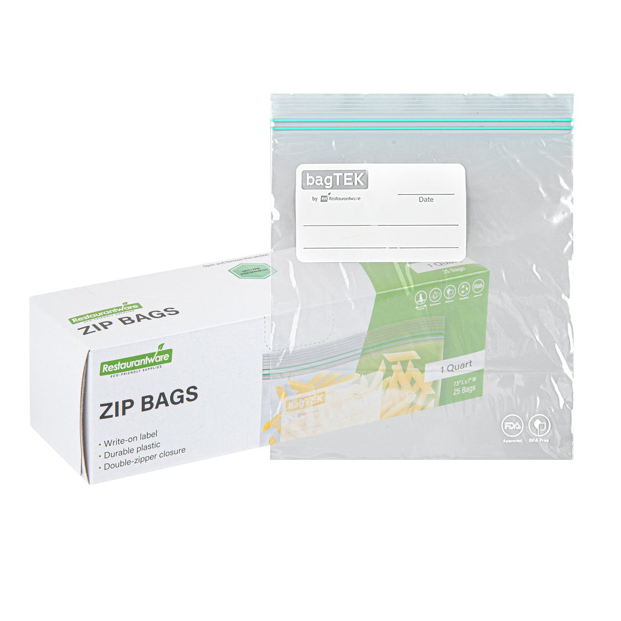 Bags, Bag Tek 1 Quart, Plastic, Clear, Double Zipper, 7.5 x 7 Inch, with Write-On Label 25 - 1 EACH 472523