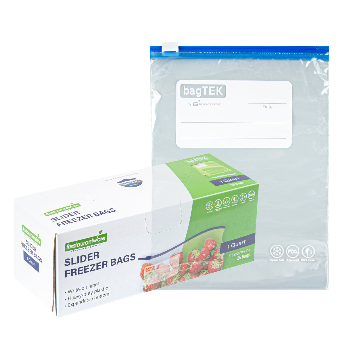 Bags, Freezer, Bag Tek 1 Quart, Plastic, Clear, Slider, 6 x 2.25 x 8 Inch, with Write-On Label, Expandable Bottom 1000 - 1 EACH 472394